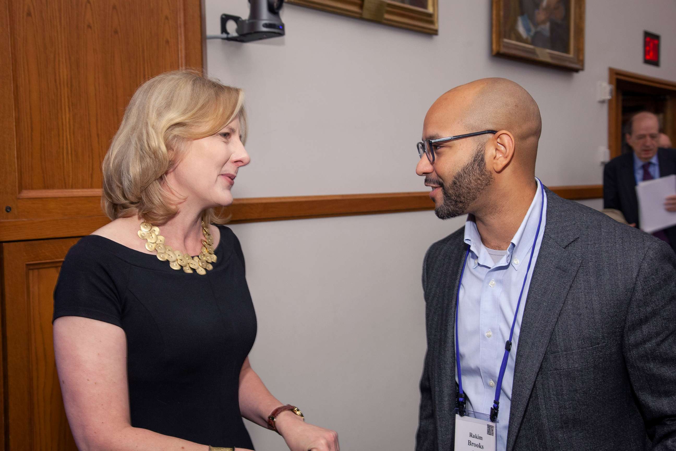 PHOTO: Yale Law Dean Heather Gerken talks with Rakim H. D. Brooks in 2019 at Yale's Alumni weekend.