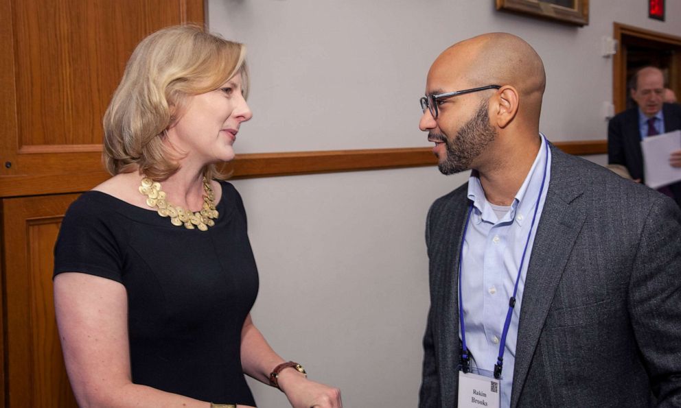 PHOTO: Yale Law Dean Heather Gerken talks with Rakim H. D. Brooks in 2019 at Yale's Alumni weekend.