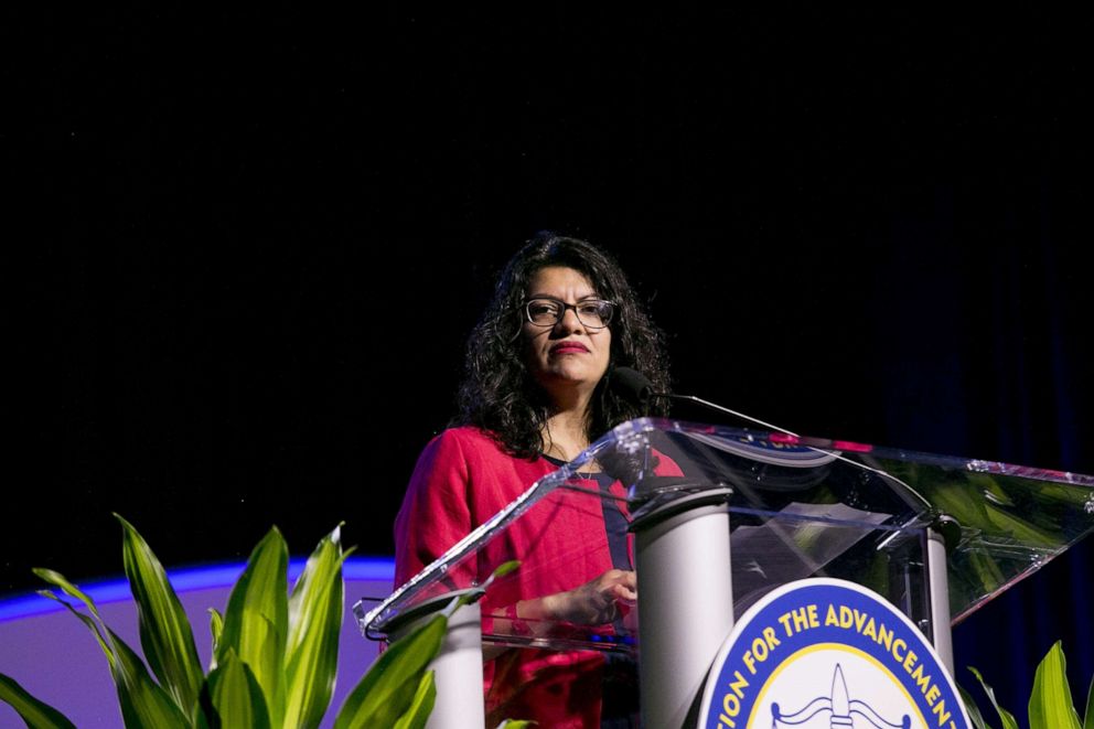 PHOTO: Representative Rashida Tlaib, a Democrat from Michigan, pauses while speaking during the 110th NAACP Annual Convention in Detroit, July 22, 2019. 