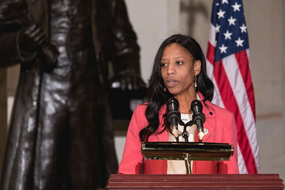 PHOTO: Rep. Mia Love speaks at the Commemoration of the Bicentennial of the Birth of Frederick Douglass, in Emancipation Hall of the Capitol, on Feb. 14, 2018.