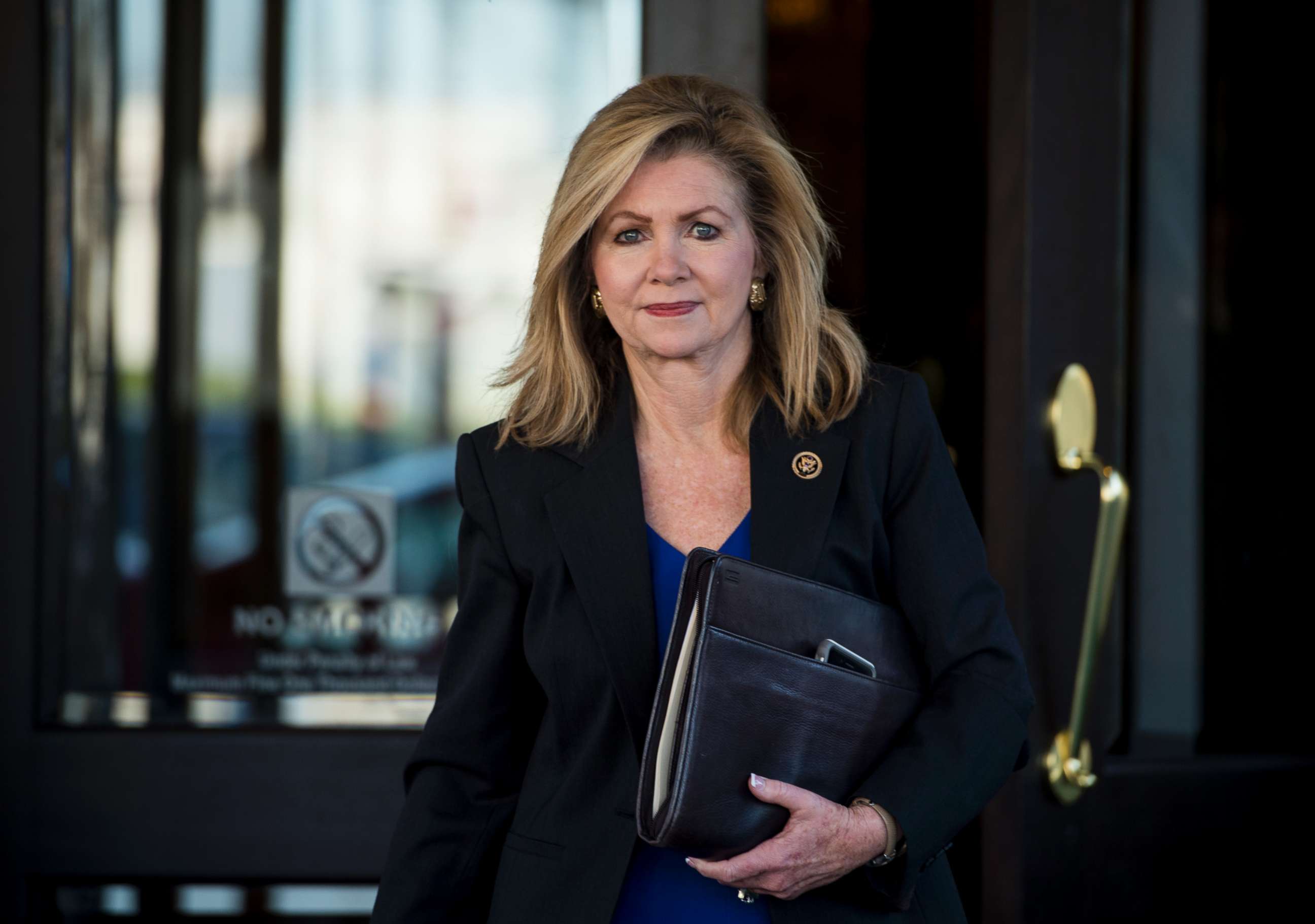 PHOTO: Rep. Marsha Blackburn, R-Tenn., leaves the House Republican Conference meeting at the Capitol Hill Club on Tuesday, Nov. 3, 2015. 
