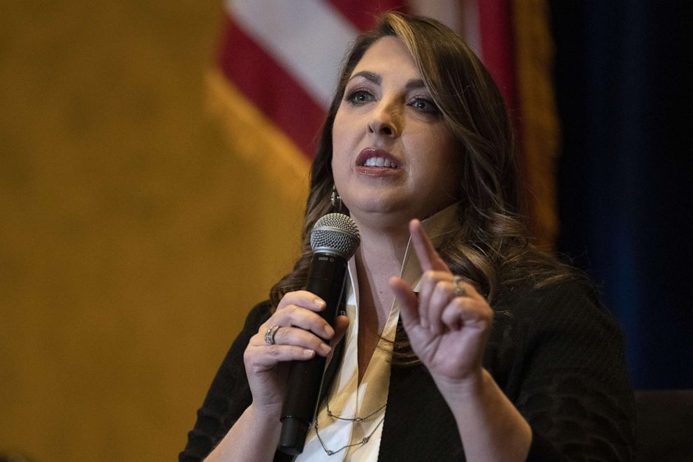 PHOTO: Ronna McDaniel, chairwoman of the Republican National Committee, speaks during the Republican Jewish Coalition (RJC) Annual Leadership Meeting in Las Vegas, Nov. 6, 2021. 