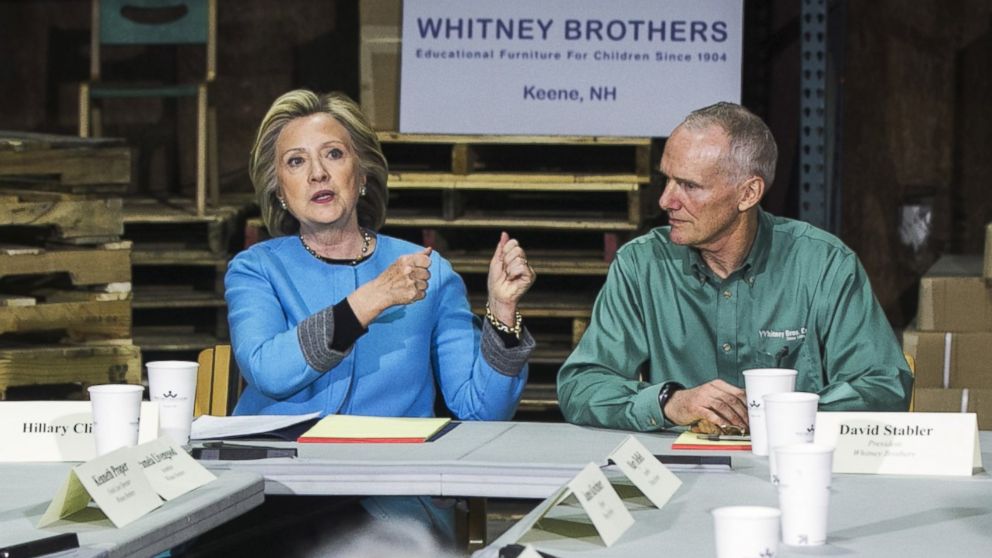 Former Secretary of State Hillary Clinton describes working in her father's business during a round table at Whitney Brothers children's toy and furniture factory, while campaigning for the 2016 Democratic presidential nomination in Keene, New Hampshire, April 20, 2015.