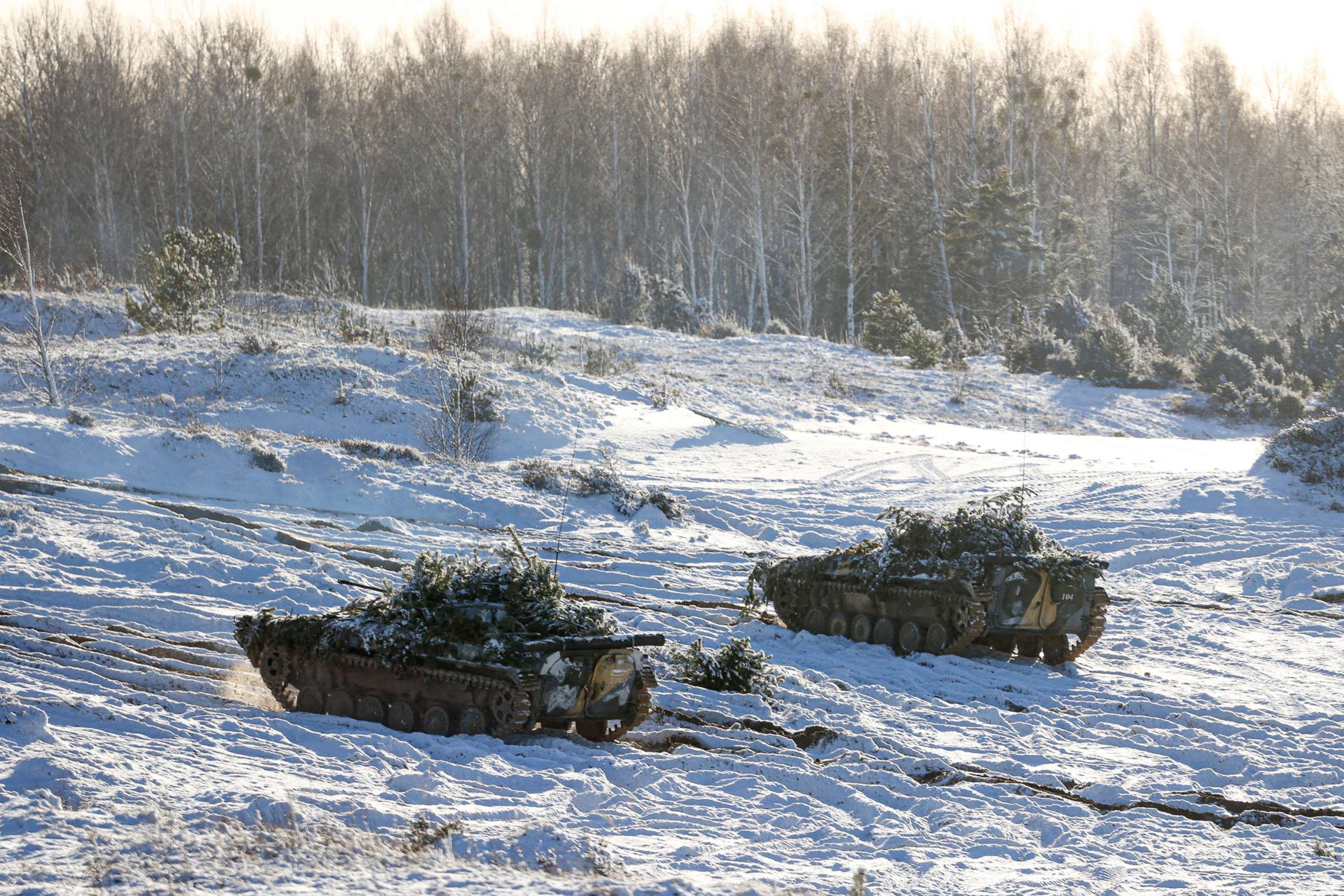PHOTO: Armored vehicles move at the Gozhsky training ground during the Union Courage-2022 Russia-Belarus military drills in Belarus in a photo released by the Belarusian Telegraph Agency
on Feb. 12, 2022.