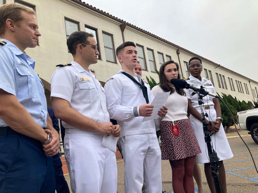 PHOTO: Navy sailor Ryan Sawyer Mays, reads a statement after his acquittal of setting a fire that destroyed the USS Bonhomme Richard, Sept. 30, 2022, in San Diego. 
