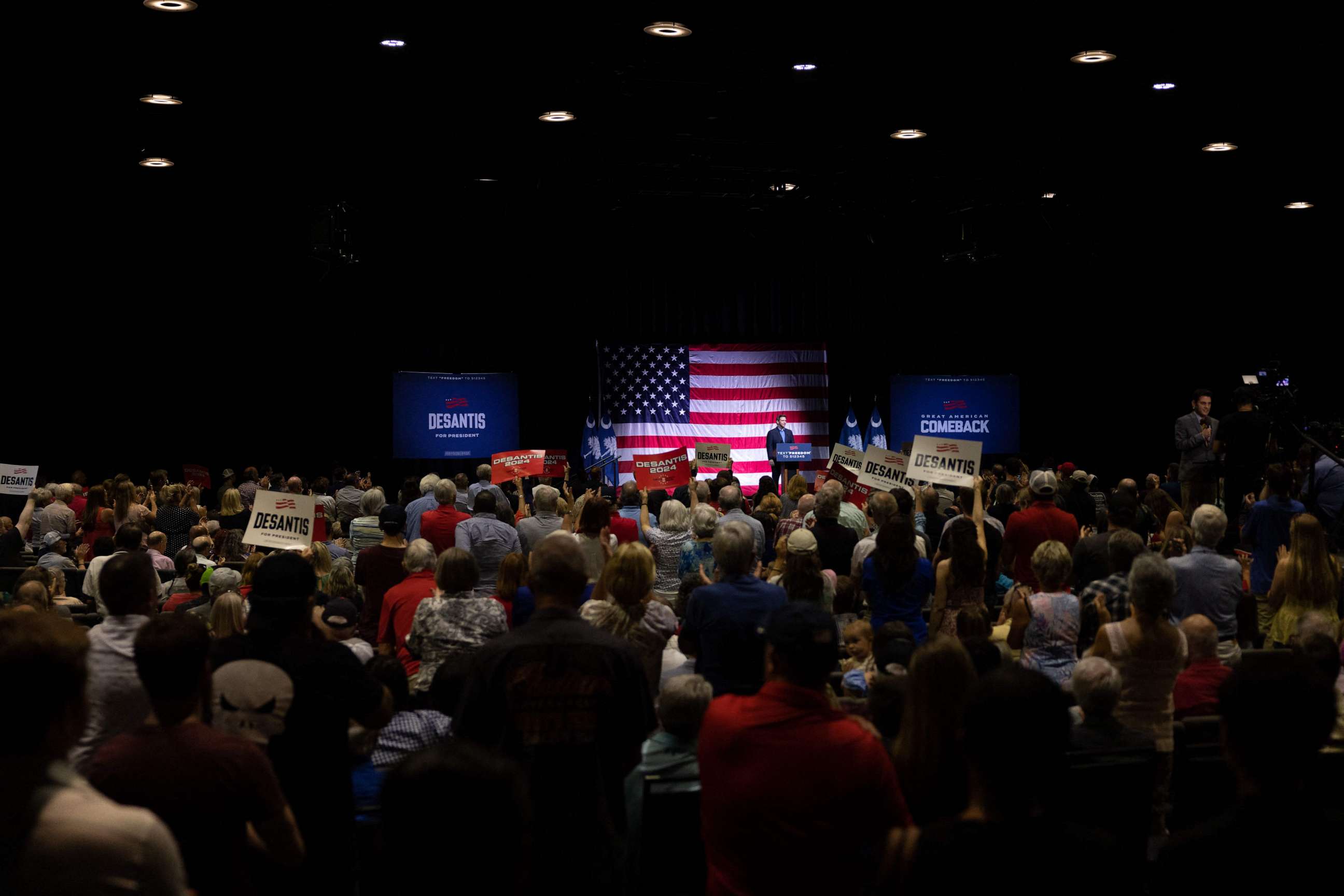PHOTO: Florida Governor and 2024 presidential hopeful Ron DeSantis speaks during a campaign stop at the Greenville Convention Center in Greenville, South Carolina, on June 2, 2023. (Photo by LOGAN CYRUS/AFP via Getty Images)
