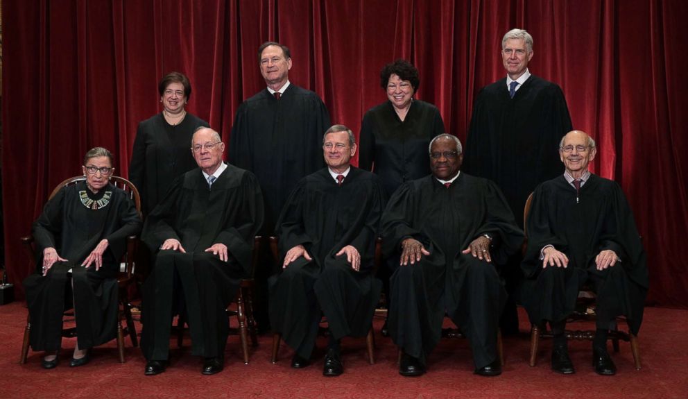 PHOTO: Members of the Supreme Court in a 2017 group portrait including Associate Justice Anthony M. Kennedy, front row, second from left.