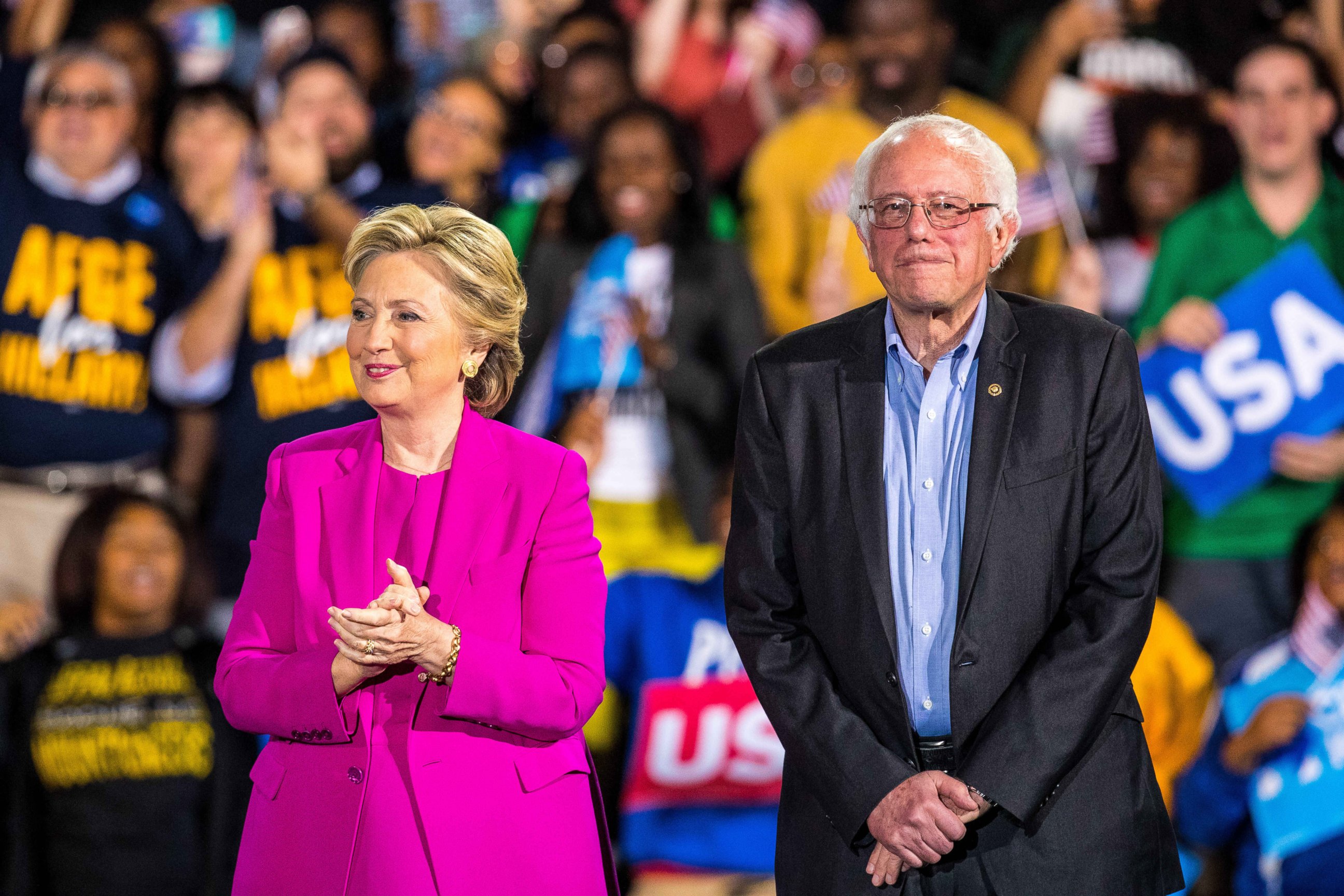 PHOTO: Music Artist Pharrell Williams and Senator Bernie Sanders campaign with Hillary Clinton at Coastal Carolina Credit Union Music Park in Raleigh, North Carolina, Nov. 3, 2016.