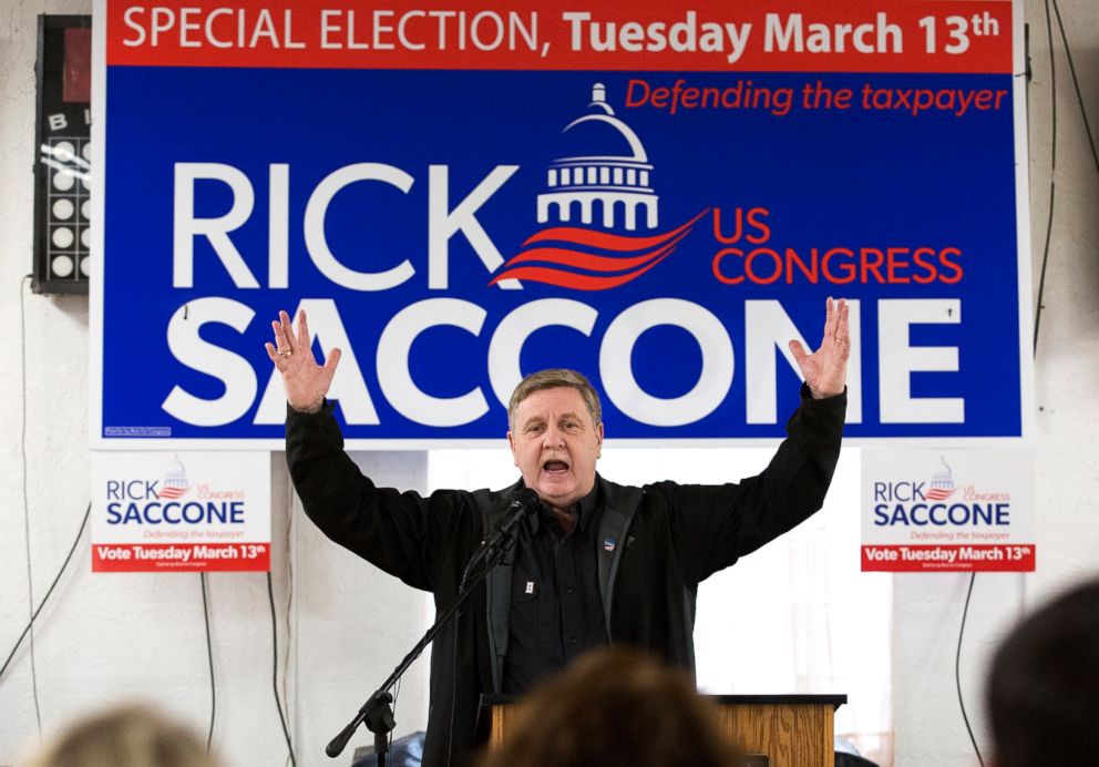 PHOTO: Rick Saccone, Republican candidate for the 18th Congressional District, speaks before his supporters during a campaign rally with Greene County coal miners on March 5, 2018,  in Waynesburg, Pa. 