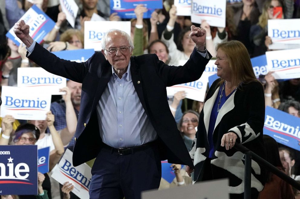 PHOTO: Democratic presidential hopeful Vermont Senator Bernie Sanders accompagnied by his wife Jane O'Meara Sanders arrives during a 2020 Super Tuesday Rally at the Champlain Valley Expo in Essex Junction, Vermont March 3, 2020. 