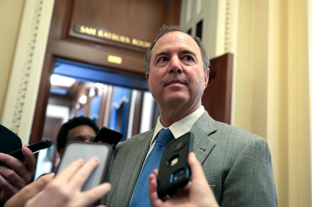 PHOTO: Rep. Adam Schiff speaks to reporters outside of the House Chambers at the Capitol, May 12, 2022, in Washington, D.C. 