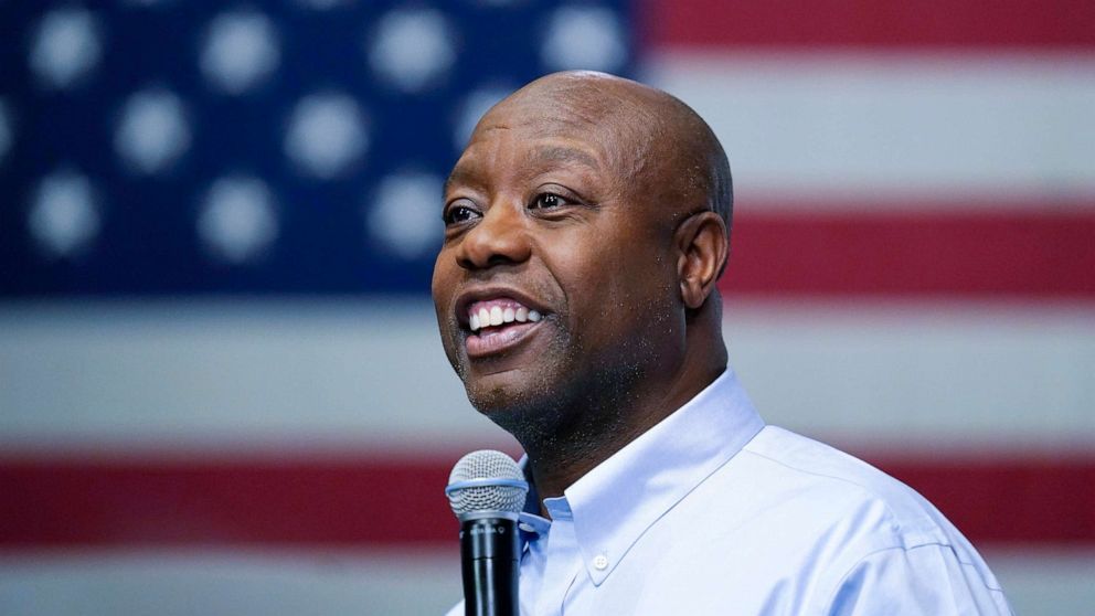 PHOTO: Sen. Tim Scott, R-S.C., speaks during a town hall, May 8, 2023, in Manchester, N.H.