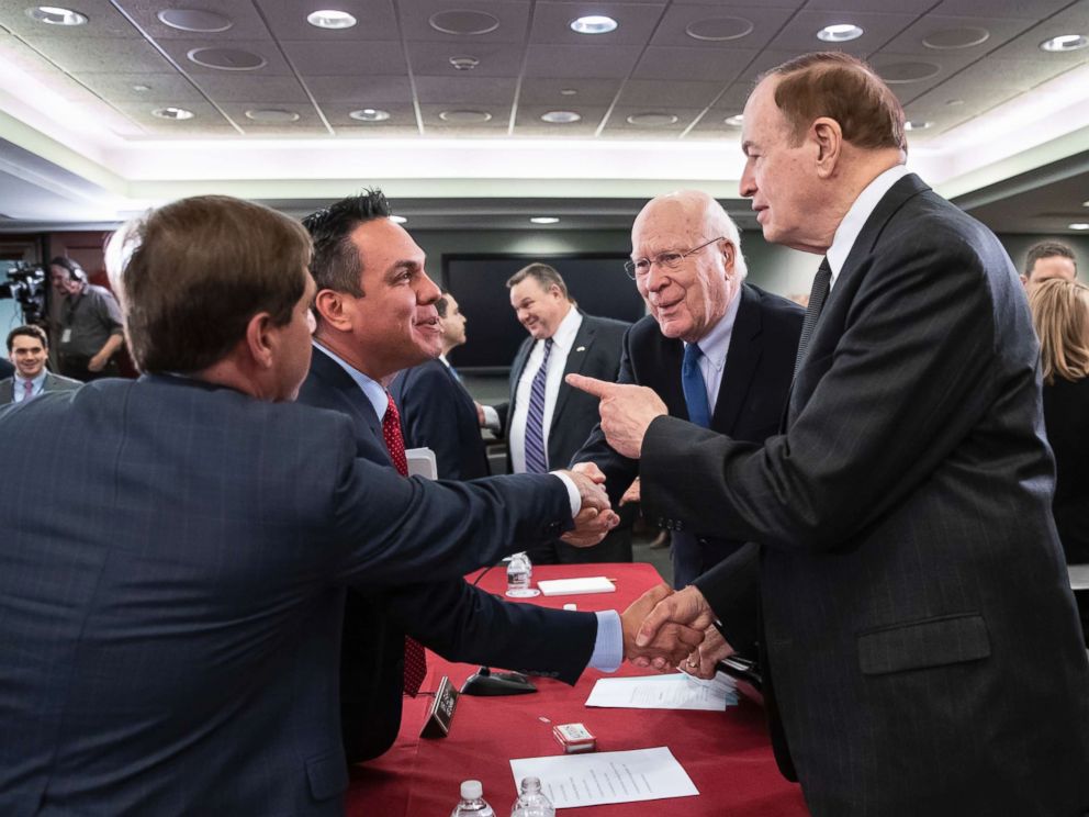 PHOTO: Politicians greet each other as the bipartisan group of House and Senate bargainers finished their first meeting to craft a border security compromise in hope of avoiding another government shutdown, at the Capitol, Jan. 30, 2019.