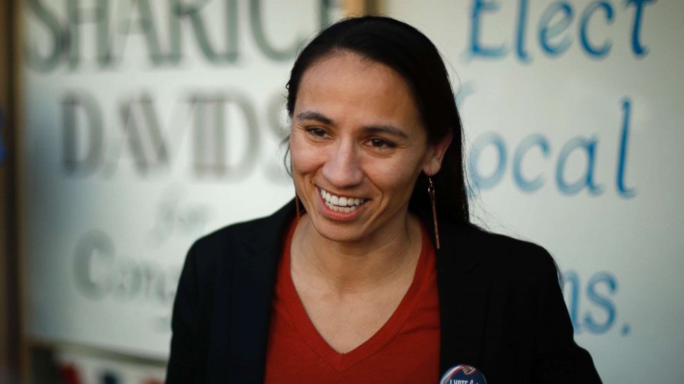 PHOTO: Democratic Congressional candidate Sharice Davids talks to supporters at her campaign office on Oct 22, 2018 in Overland Park, Kan.