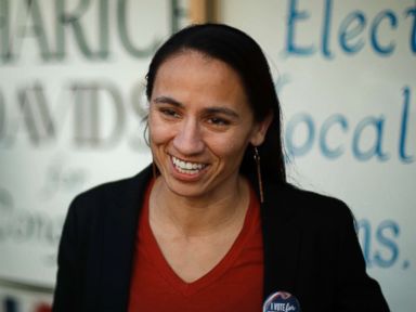 PHOTO: Democratic Congressional Candidate Sharice Davids talks to supporters at her campaign office on Oct 21, 2018 in Overland Park, Kan.