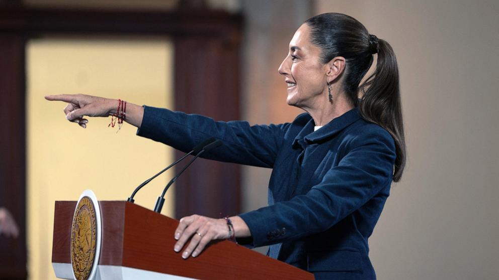 PHOTO: Mexico's President Claudia Sheinbaum points towards media members during her daily press conference at the National Palace in Mexico City on Jan. 27, 2025.