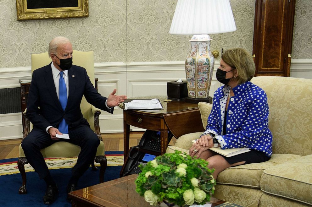 President Joe Biden meets with Sen. Shelley Moore Capito, R-W.Va., and others to discuss an infrastructure bill in the Oval Office at the White House in Washington on May 13, 2021.