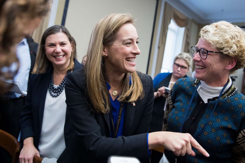 PHOTO:From left, members elect Elissa Slotkin, D-Mich., Mikie Sherrill, D-N.J., and Chrissy Houlahan, D-Pa., attend the new member room lottery draw for office space in Rayburn Building, Nov. 30, 2018. 