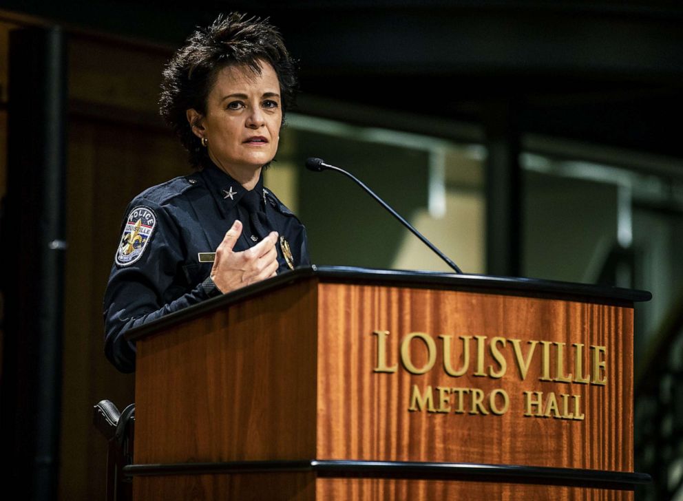 PHOTO: Chief Erika Shields made some brief comments after being sworn-in as the new LMPD police chief, Jan. 19, 2021, in Louisville, Ky. 