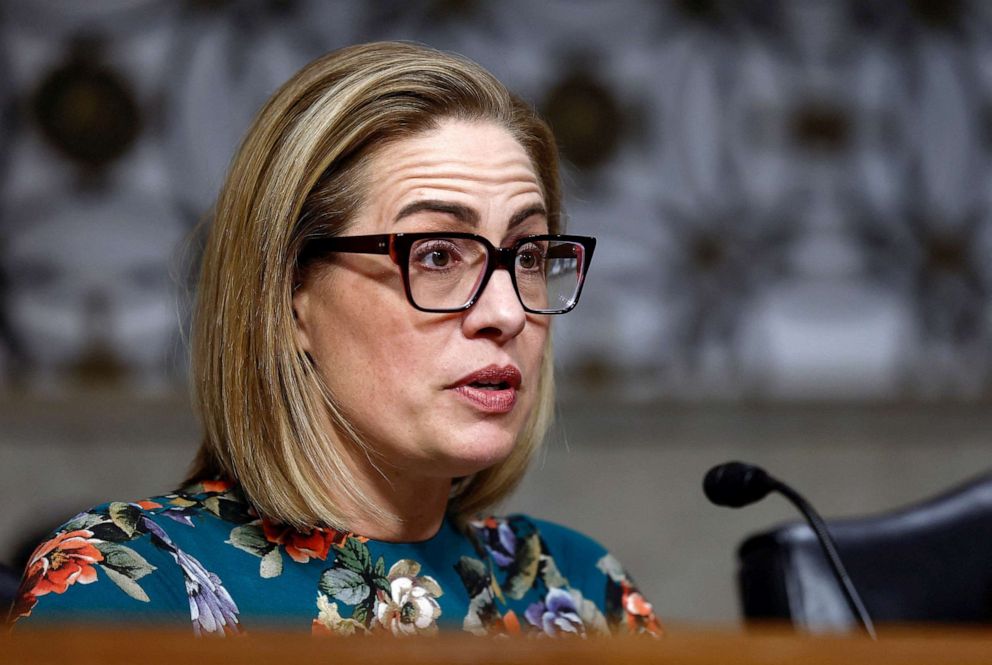 PHOTO: Senator Kyrsten Sinema questions witnesses during a Senate Banking, Housing, and Urban Affairs Committee hearing in the wake of recent of bank failures, on Capitol Hill, May 18, 2023.