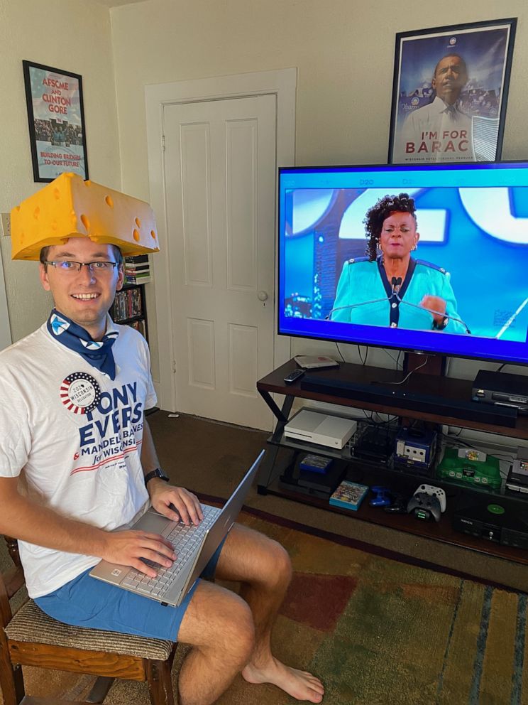 PHOTO: Ryan Sorenson, a Wisconsin delegate for the Democratic National Convention, watching proceedings for the virtual convention at home.