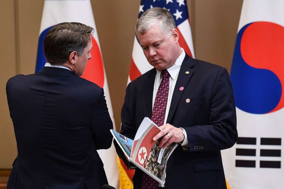 PHOTO: U.S. Special Envoy for North Korea Stephen Biegun, right, waits for South Korean President Moon Jae-in and President Donald Trump before an expanded meeting at the presidential Blue House in Seoul, June 30, 2019.