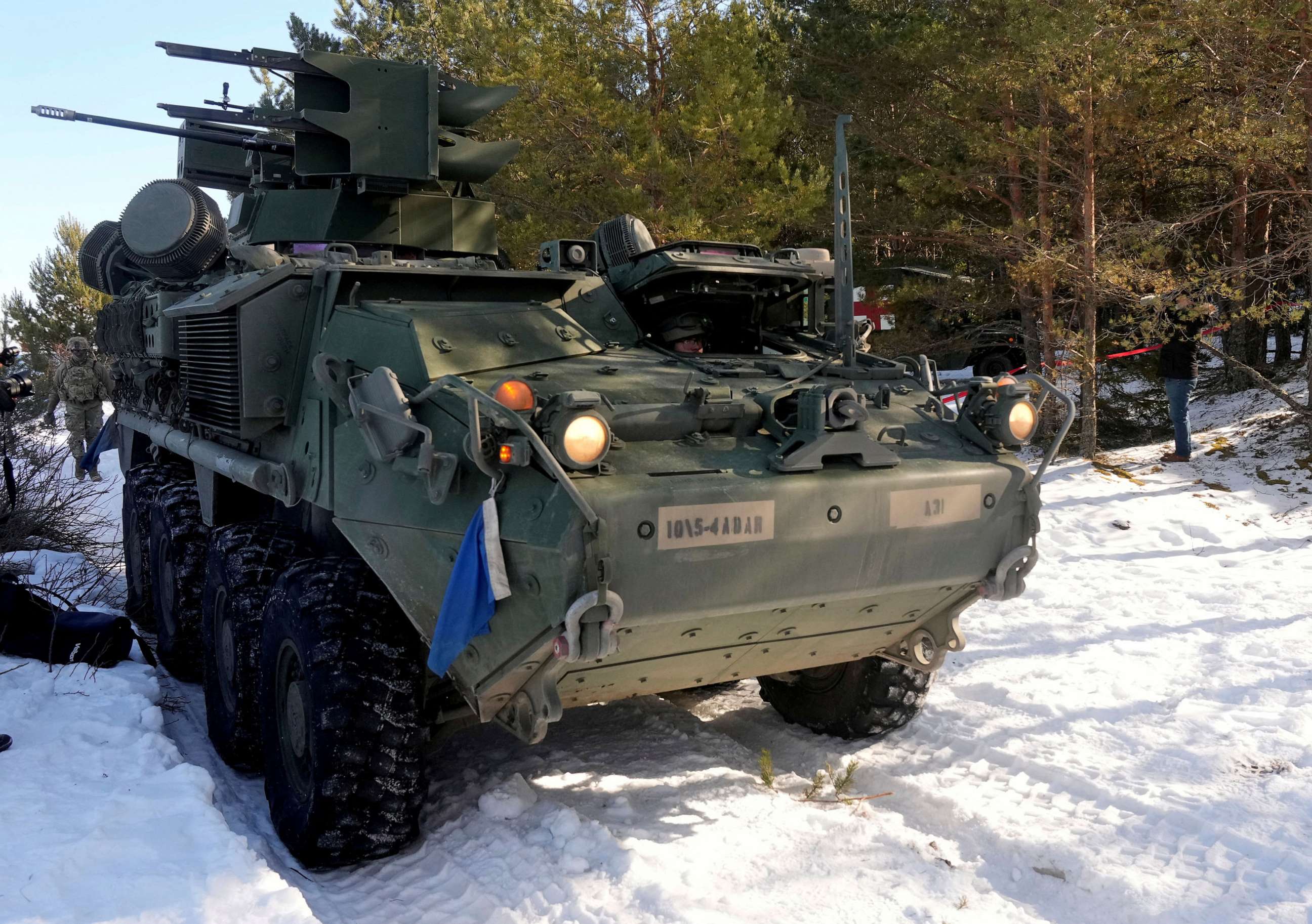 PHOTO: U.S. troops prepare to fire Stinger missiles from their Stryker armored fighting vehicle during Saber Strike military drill in Rutja, Estonia March 10, 2022.