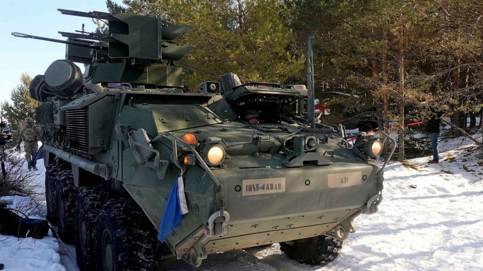 PHOTO: U.S. troops prepare to fire Stinger missiles from their Stryker armored fighting vehicle during Saber Strike military drill in Rutja, Estonia March 10, 2022.