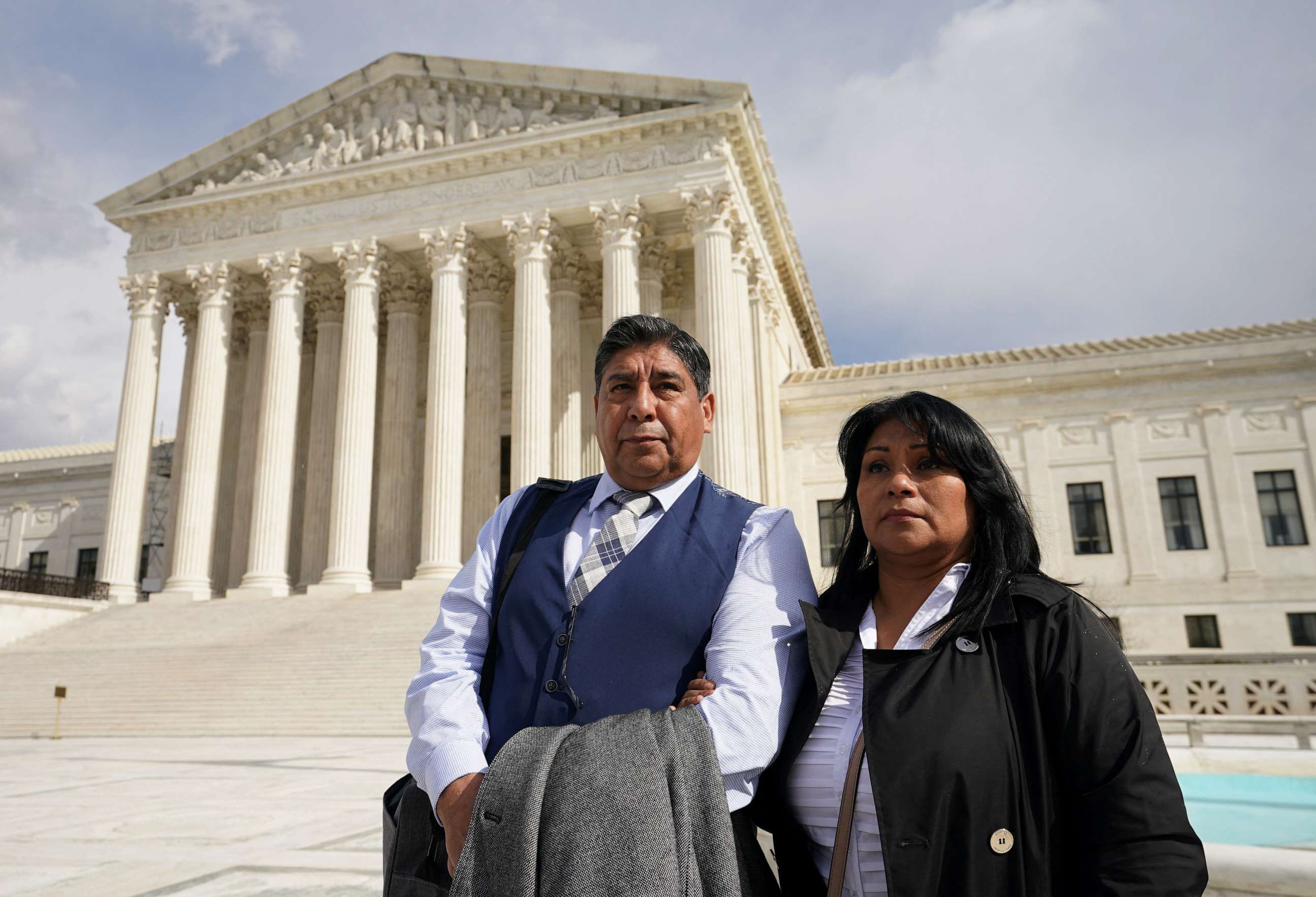 PHOTO: Beatriz Gonzalez and Jose Hernandez, mother and stepfather of Nohemi Gonzalez who was fatally shot in the 2015 Paris attacks, stand outside the U.S. Supreme Court after justices heard arguments in Gonzalez v. Google in Washington, Feb. 21, 2023.