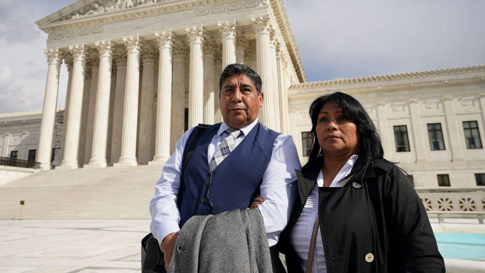 PHOTO: Beatriz Gonzalez and Jose Hernandez, mother and stepfather of Nohemi Gonzalez who was fatally shot in the 2015 Paris attacks, stand outside the U.S. Supreme Court after justices heard arguments in Gonzalez v. Google in Washington, Feb. 21, 2023.