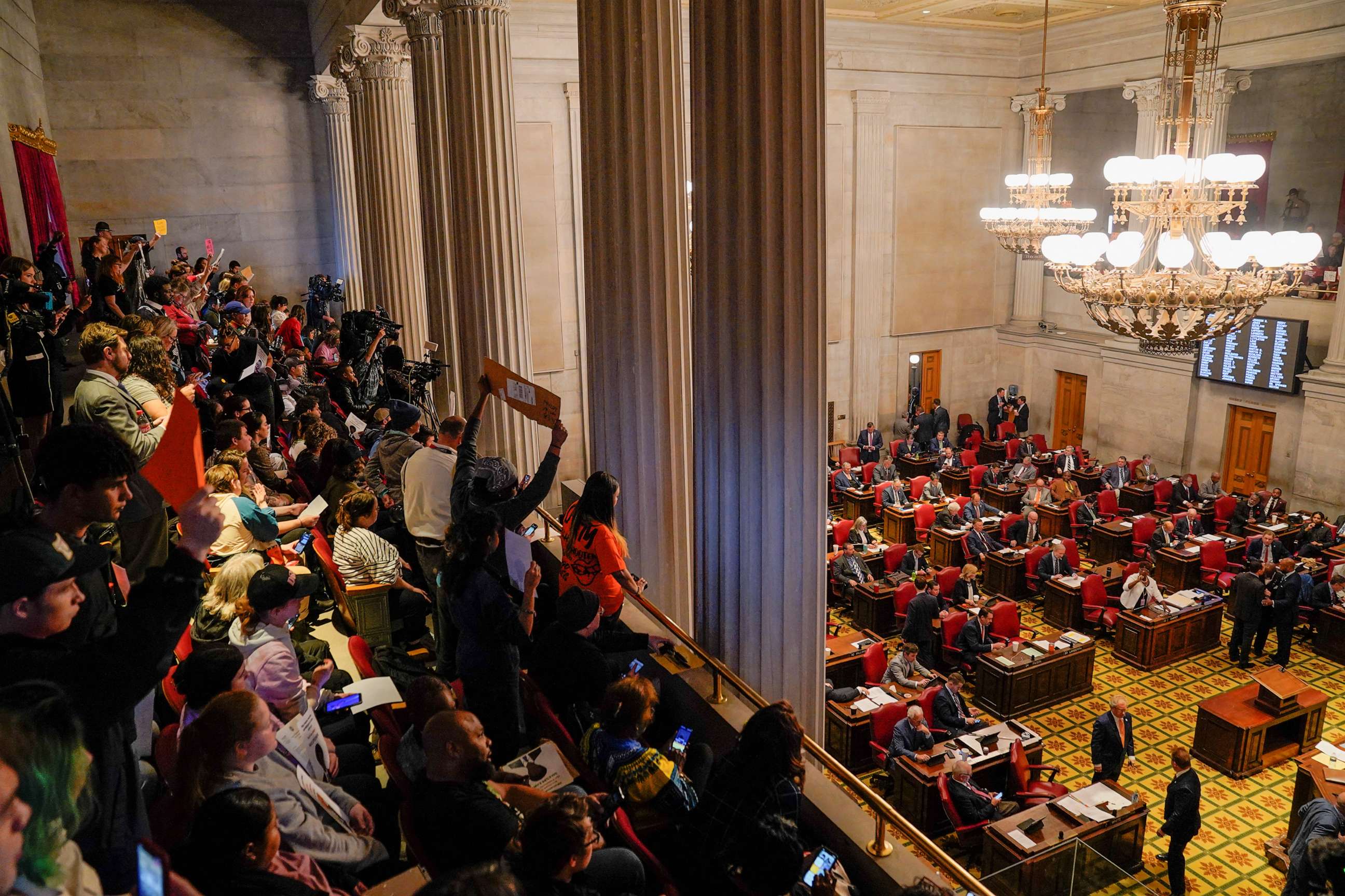 PHOTO: Protesters gather as Republicans who control the Tennessee House of Representatives prepare to vote on whether to expel three Democratic members in Nashville, Tenn., April 6, 2023.
