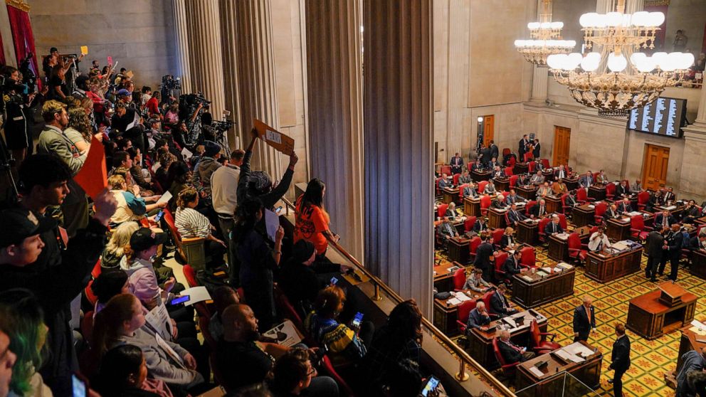 PHOTO: Protesters gather as Republicans who control the Tennessee House of Representatives prepare to vote on whether to expel three Democratic members in Nashville, Tenn., April 6, 2023.