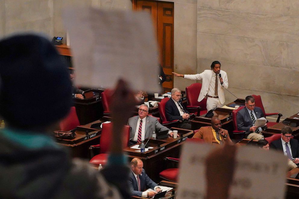 PHOTO: Representative Justin Jones speaks at the Statehouse as Republicans controlling the Tennessee House of Representatives prepare to vote to expel three Democratic members on April 6, 2023 in Nashville, Tenn.