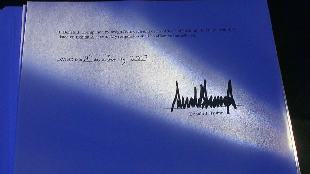 PHOTO: A copy of the resignation letter dated Jan. 19, 2017 -- the day before the inauguration -- seen by ABC News reads: "I, Donald Trump, hereby resign from each and every office and position I hold in the entities listed."