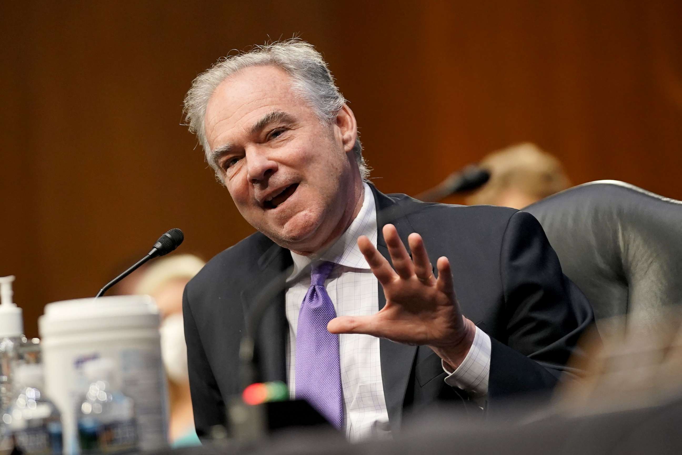PHOTO:Sen. Tim Kaine asks a question as Secretary of State Mike Pompeo testifies during a Senate Foreign Relations committee hearing on the State Departments 2021 budget in Washington DC July 30, 2020.