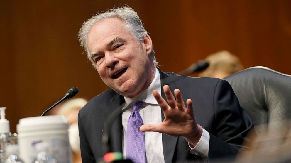 PHOTO:Sen. Tim Kaine asks a question as Secretary of State Mike Pompeo testifies during a Senate Foreign Relations committee hearing on the State Departments 2021 budget in Washington DC July 30, 2020.