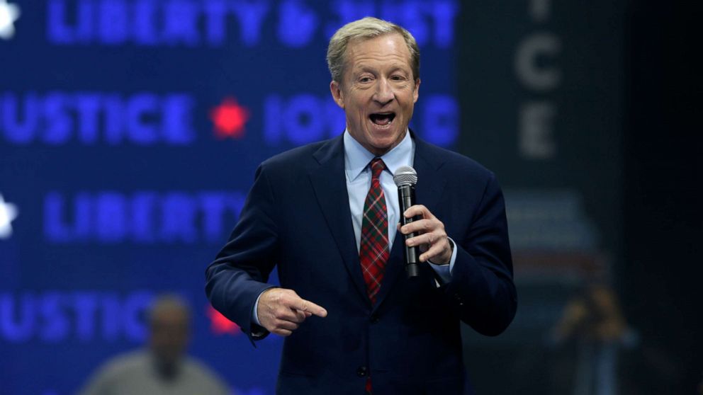 PHOTO: Democratic presidential candidate businessman Tom Steyer speaks during the Iowa Democratic Party's Liberty and Justice Celebration, Friday, Nov. 1, 2019, in Des Moines, Iowa.