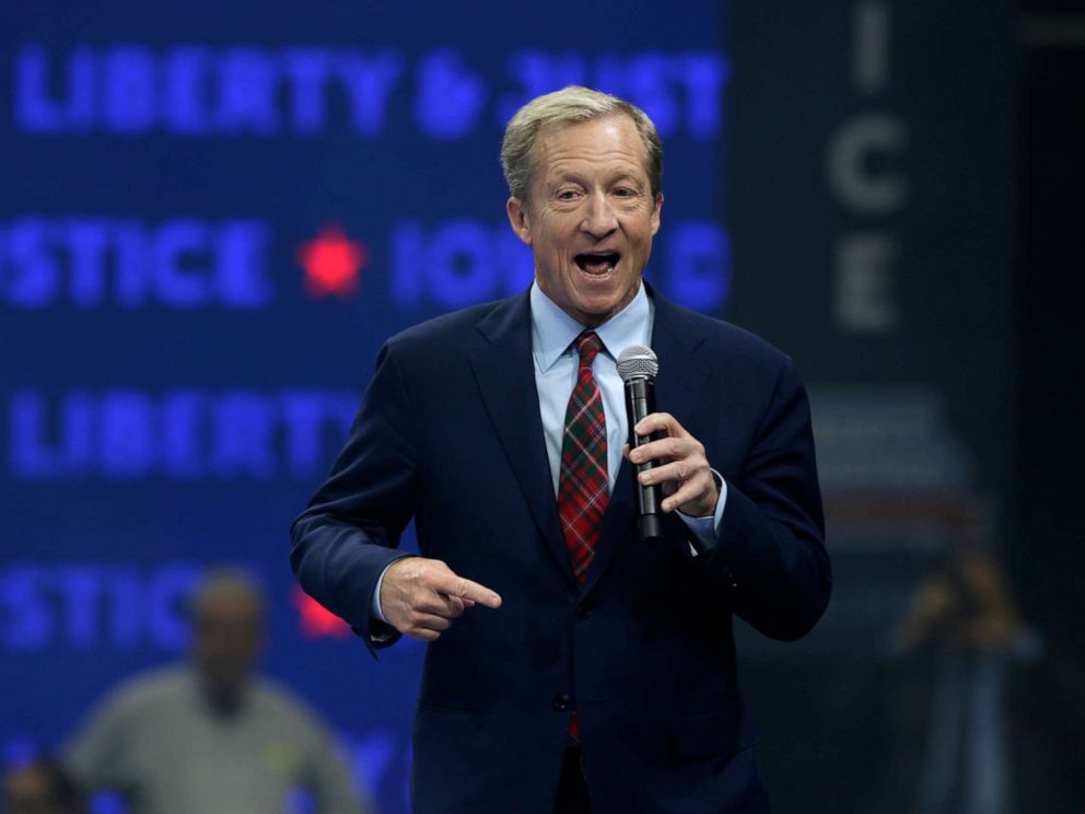 PHOTO: Democratic presidential candidate businessman Tom Steyer speaks during the Iowa Democratic Partys Liberty and Justice Celebration, Friday, Nov. 1, 2019, in Des Moines, Iowa.