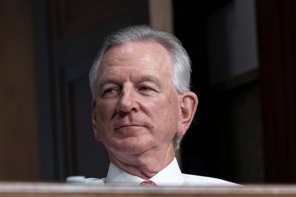 PHOTO: Sen. Tommy Tuberville, listens during a Senate Armed Services Committee hearing to examine the proposed budget request for fiscal year 2024 for the Department of Defense and the Future Years Defense Program, March 28, 2023, in Washington.