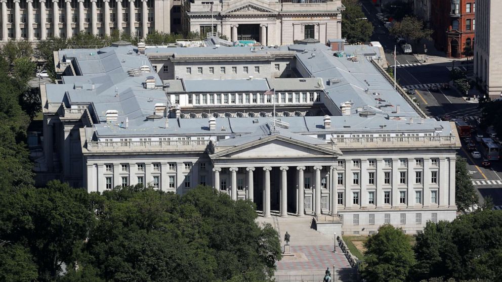 PHOTO: FILE - The U.S. Treasury Department building viewed from the Washington Monument, Wednesday, Sept. 18, 2019, in Washington. 