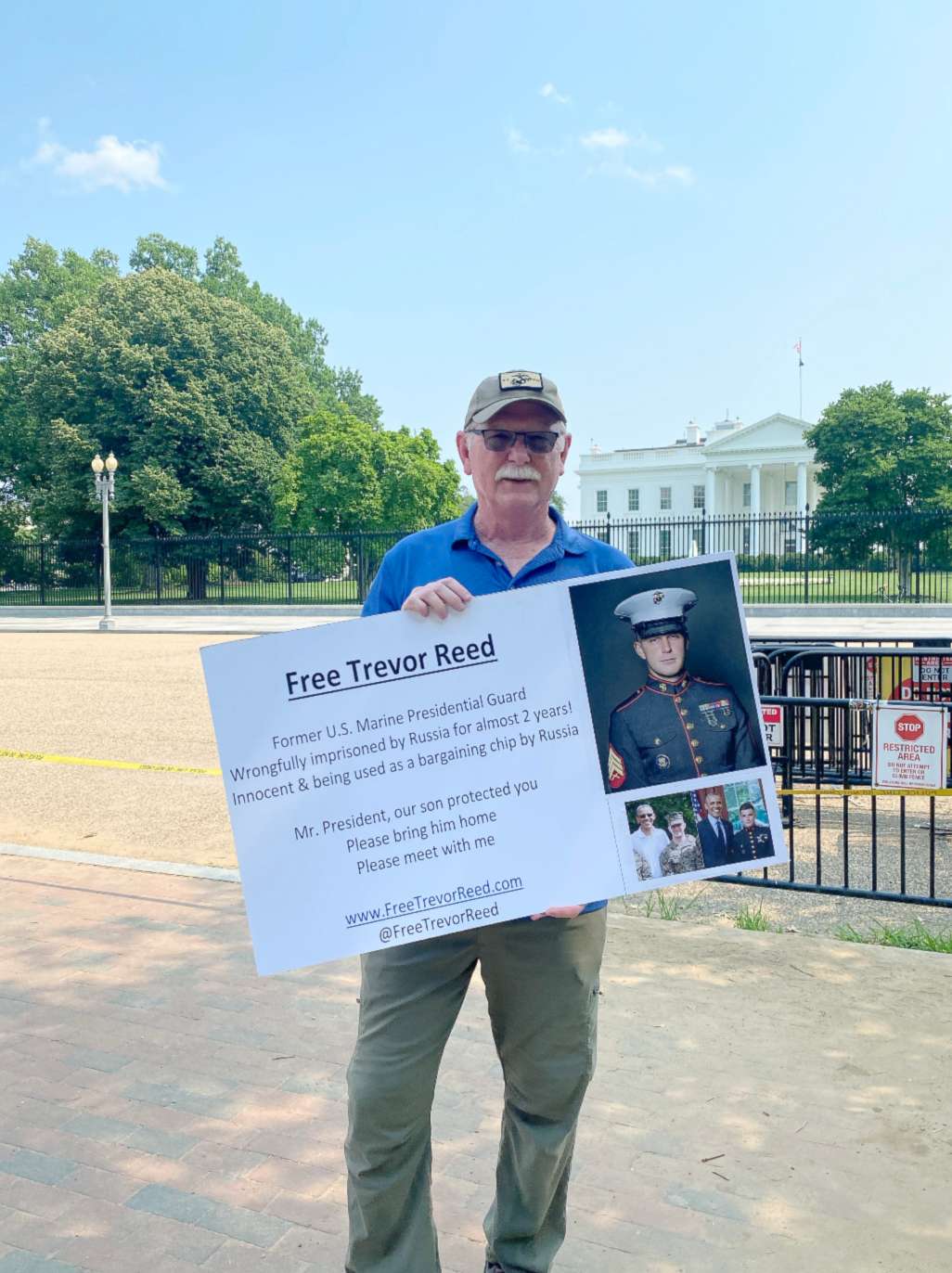 PHOTO: Joey Reed the father of former Marine Trevor Reed, who has been detained in Russia since 2019 in Moscow, protests outside of the White House, July 6, 2021.