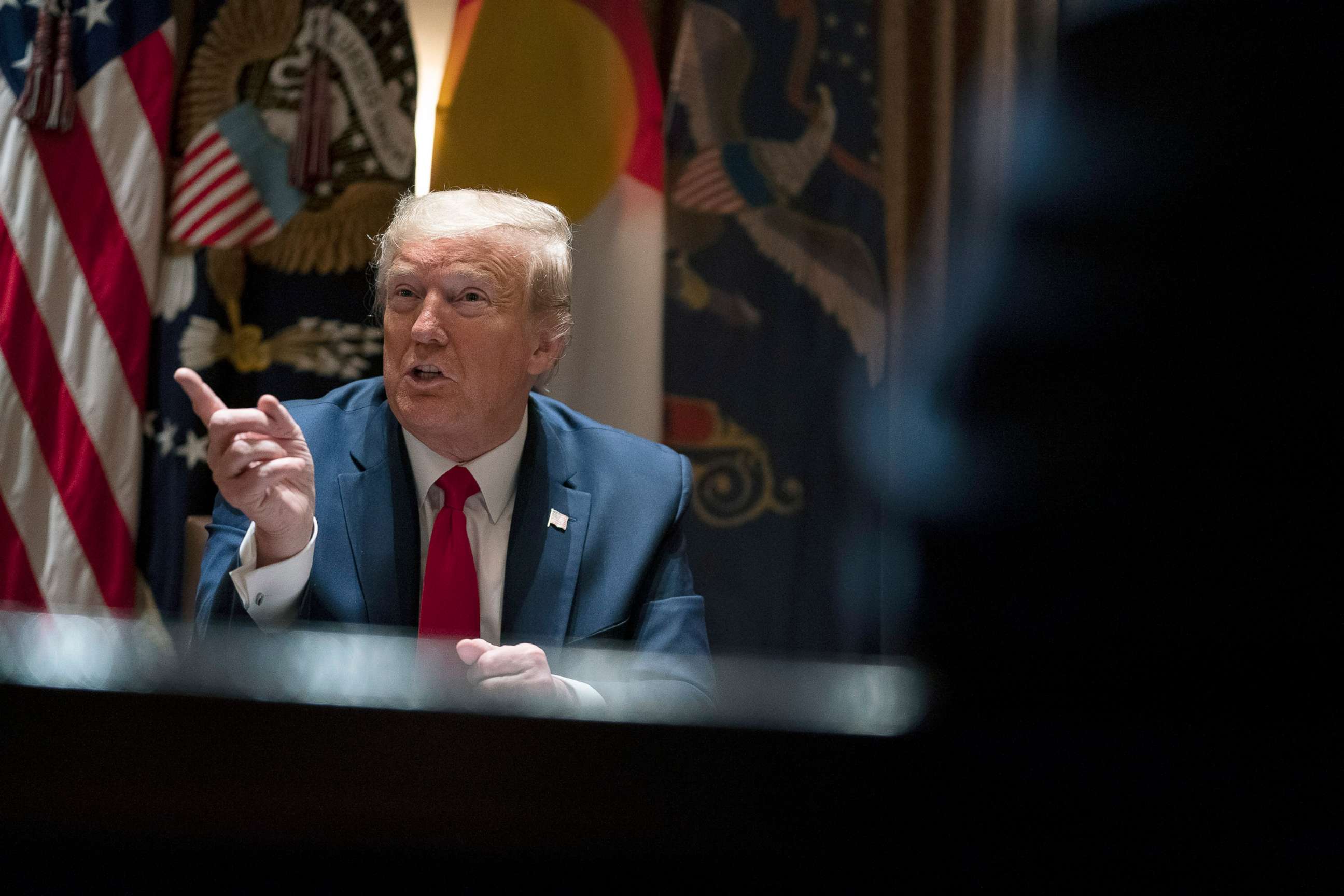 PHOTO: President Donald Trump speaks during a meeting in the Cabinet Room of the White House, May 13, 2020.