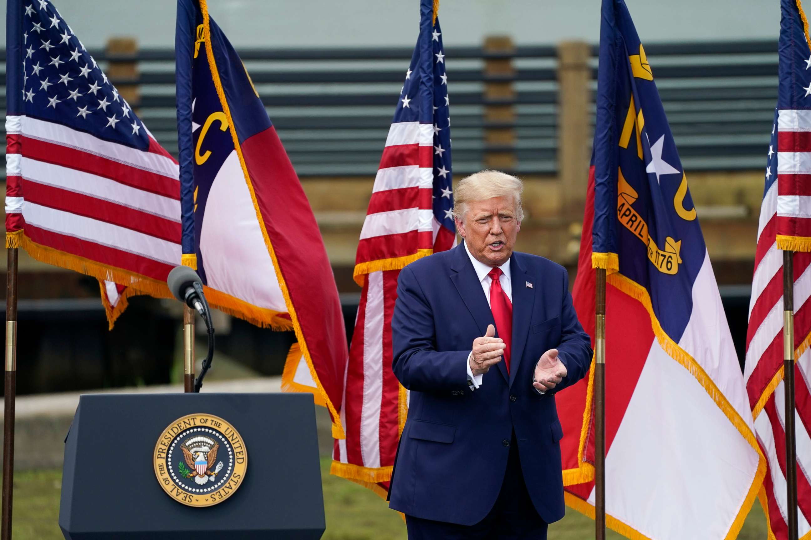 PHOTO: President Donald Trump leaves the stage after a speech, Sept. 2, 2020, in Wilmington, N.C. 