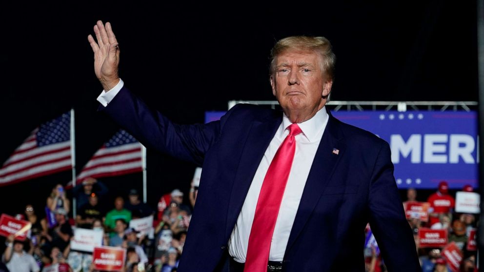 PHOTO: Former President Donald Trump arrives at a rally, Aug. 5, 2022, in Waukesha, Wis.