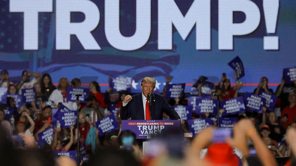 PHOTO: Republican presidential nominee former President Donald Trump speaks during a campaign rally in Erie, Penn., Sept. 29, 2024.  