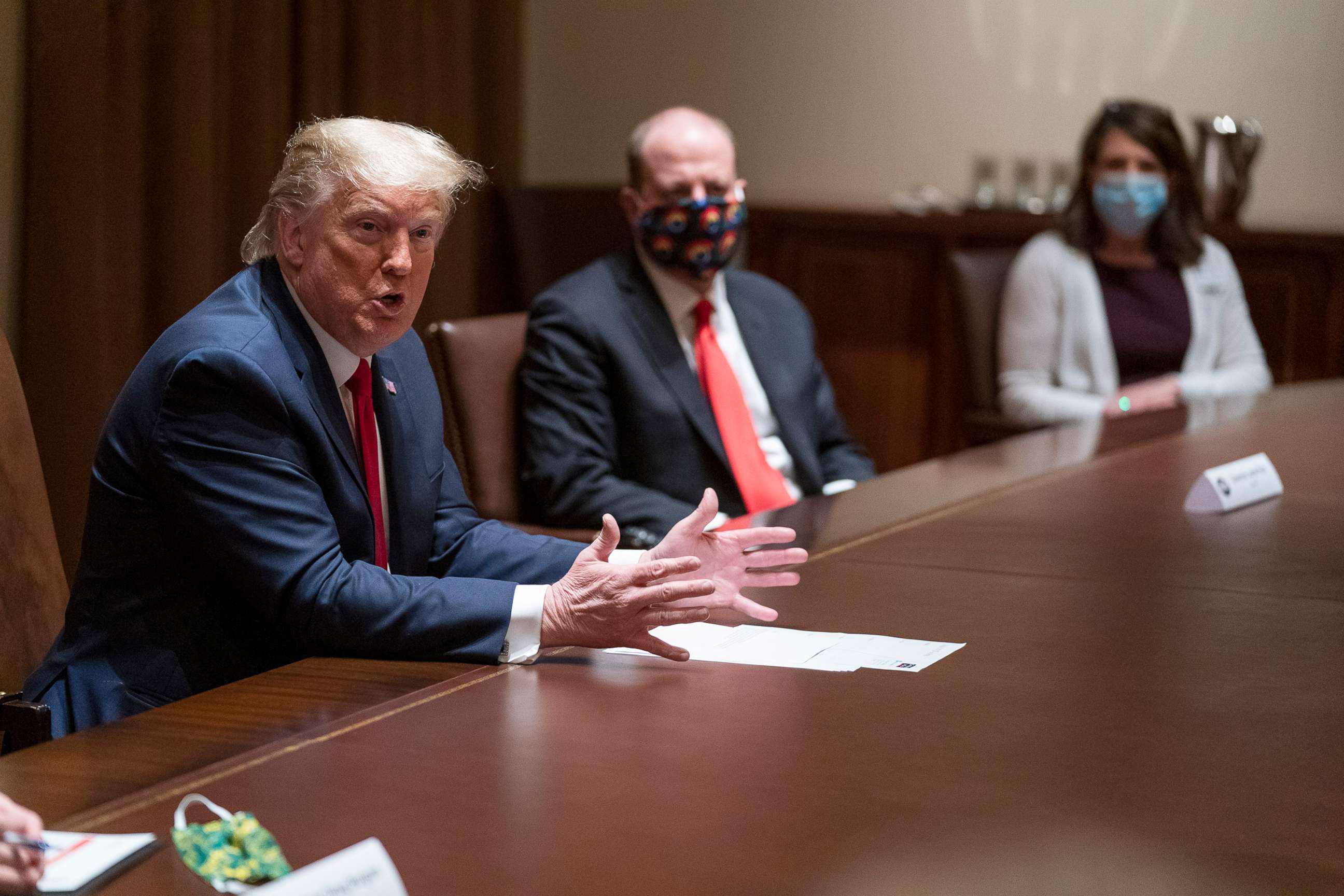 PHOTO: President Donald Trump speaks during a meeting on the coronavirus response, in the Cabinet Room of the White House, May 13, 2020.