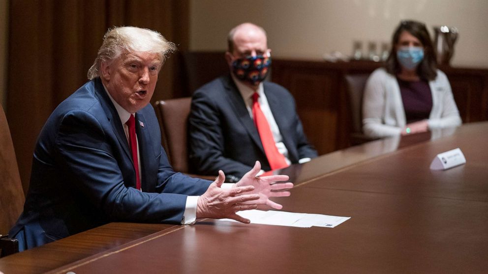PHOTO: President Donald Trump speaks during a meeting on the coronavirus response, in the Cabinet Room of the White House, May 13, 2020.