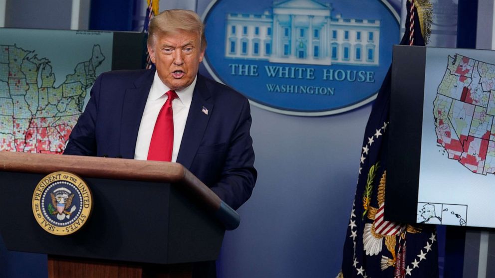 PHOTO: President Donald Trump speaks during a news conference at the White House, Thursday, July 23, 2020.