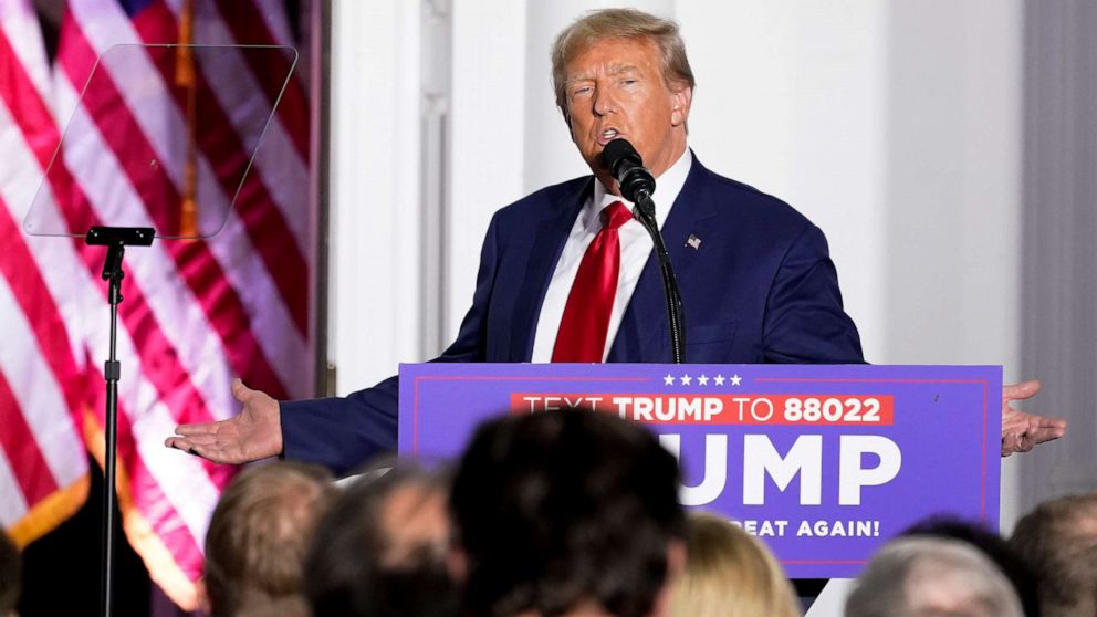 PHOTO: Former President Donald Trump speaks to supporters at Trump National Golf Club Bedminster, June 13, 2023, in Bedminster, N.J.
