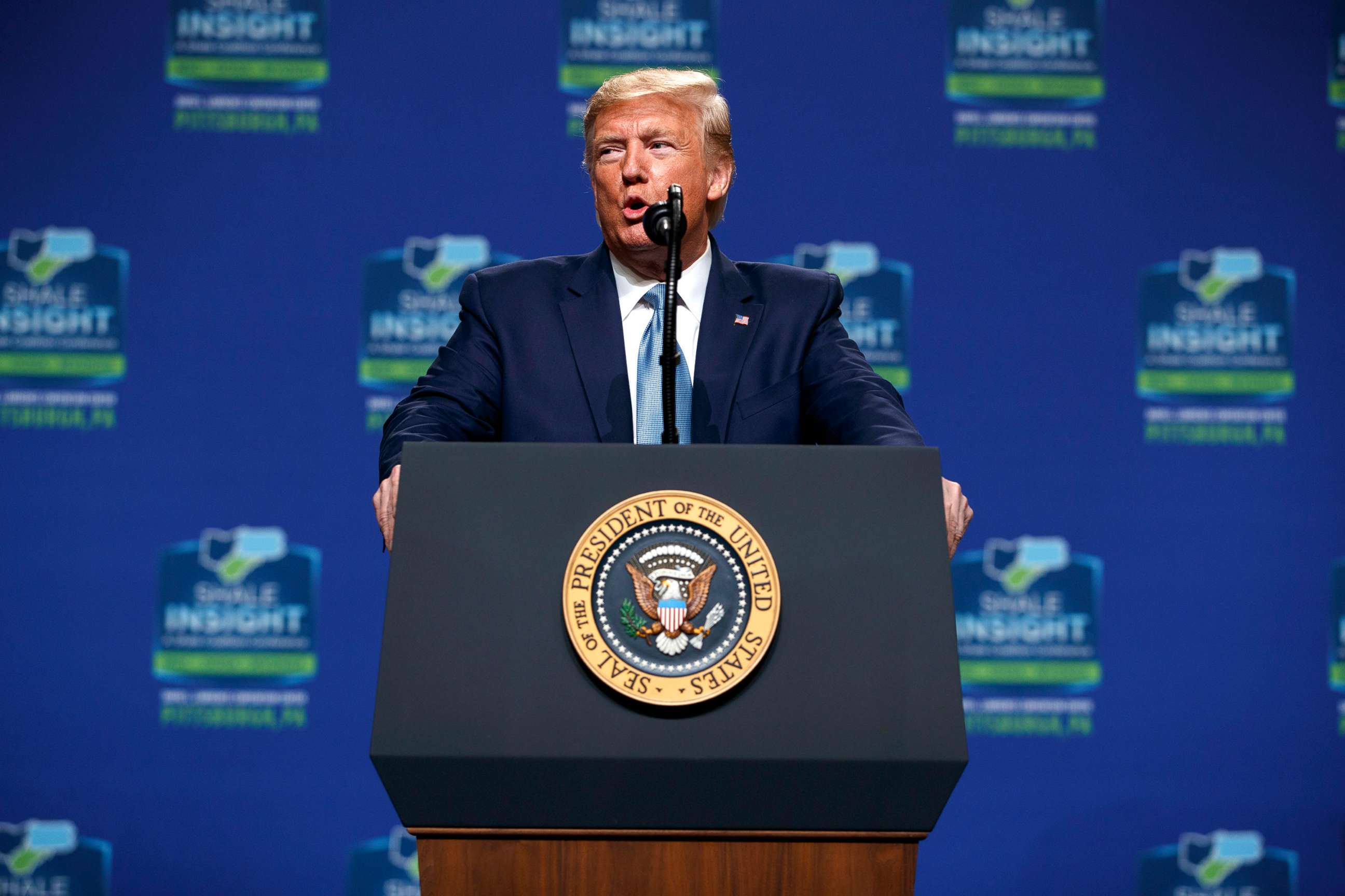 PHOTO: President Donald Trump speaks at the 9th annual Shale Insight Conference at the David L. Lawrence Convention Center, Oct. 23, 2019, in Pittsburgh. 